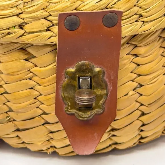 Vintage Woven Straw Sewing Basket Floral Lid Leather Handle Round Boho Bag - Picture 4 of 11